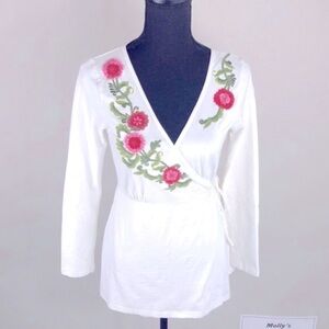 Caite Embroidered Floral V-Neck Wrap Around tie Blouse - White